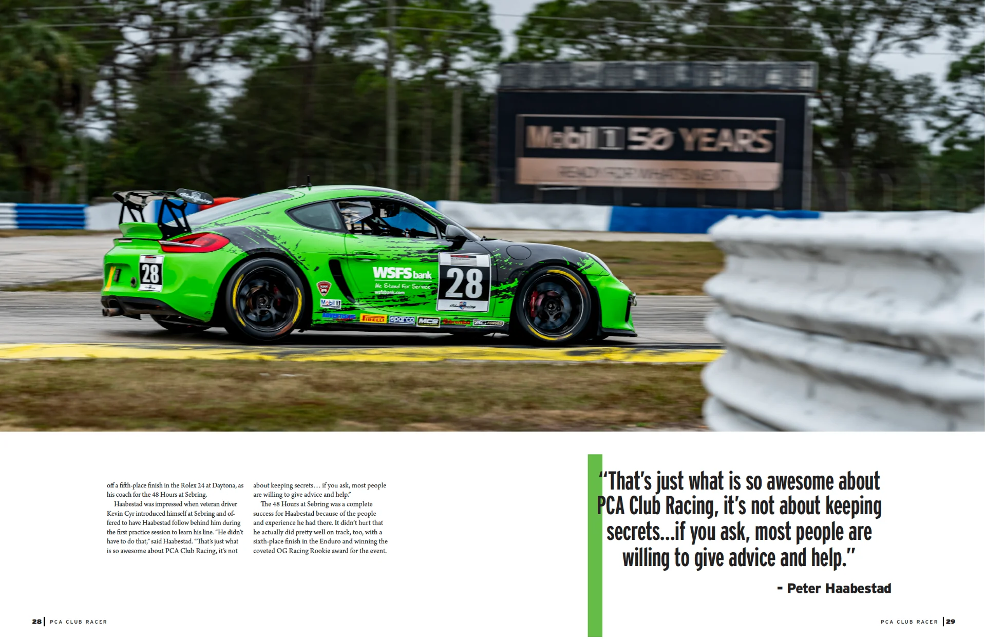 Feature spread from Club Racer December 2025 showing a green and black Cayman GT4 at Sebring with a pull quote from Peter Haabestad on PCA Club Racing.