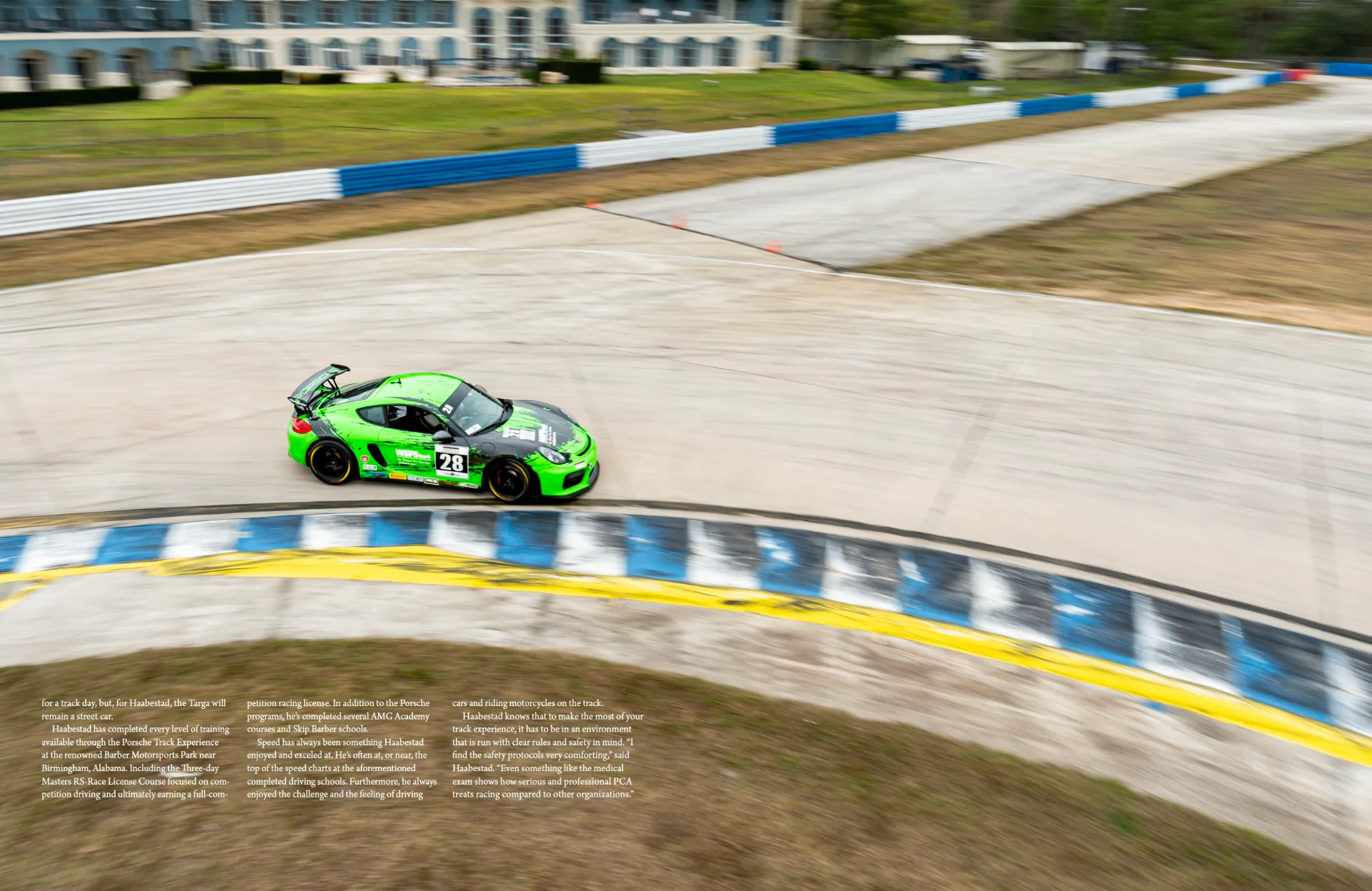 Story spread from Club Racer December 2025 with an overhead Sebring shot of the #28 Cayman GT4 and Haabestad's reflections on PCA's training programs and safety culture.