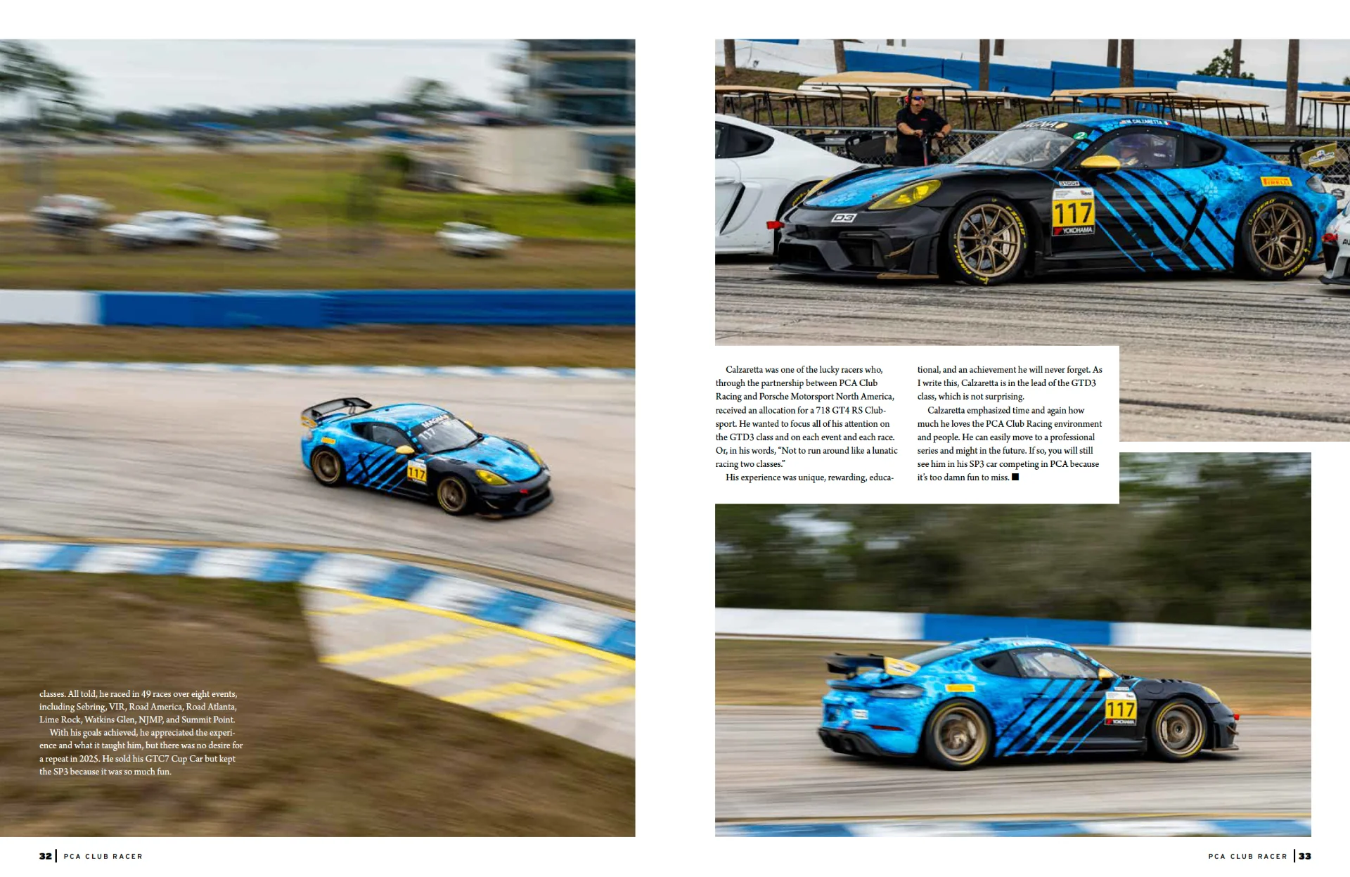 Feature story spread from Club Racer October 2025 with multiple action shots of Calzaretta's #117 Cayman GT4 racing in GTD3 at Sebring.