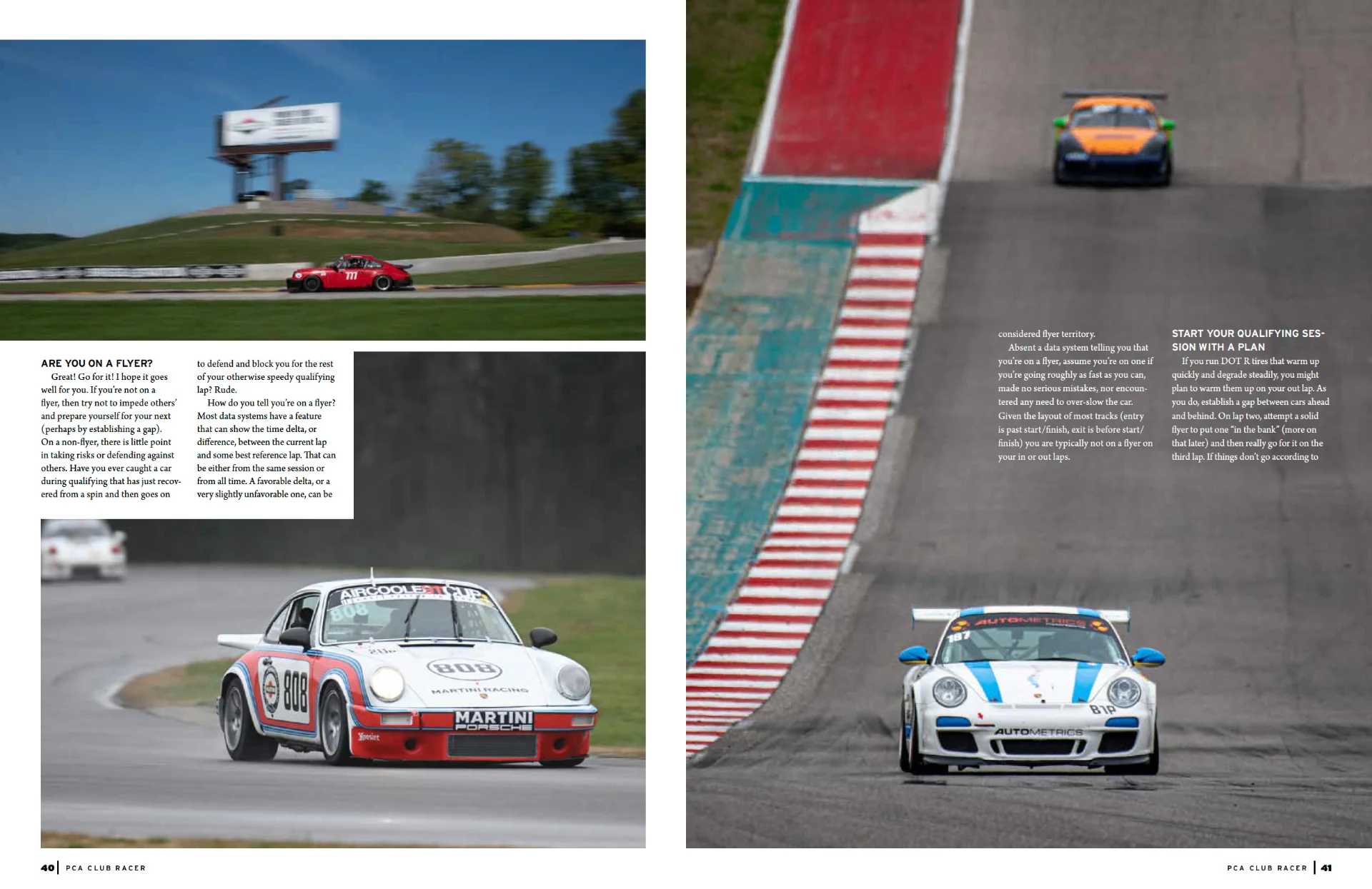 Story spread from Club Racer October 2025 - 'Are You On A Flyer?' - on qualifying strategy, with track photography of vintage and modern Porsche race cars.
